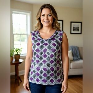 NWOT. Tahari M Stretch Top Shirt Blouse Shell Print Cowl.